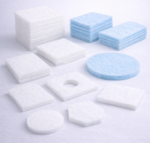 Pads filtrantes de manta sintética cortados a medida en diferentes formas: cuadrado, circular y hexagonal para sistemas HVAC.