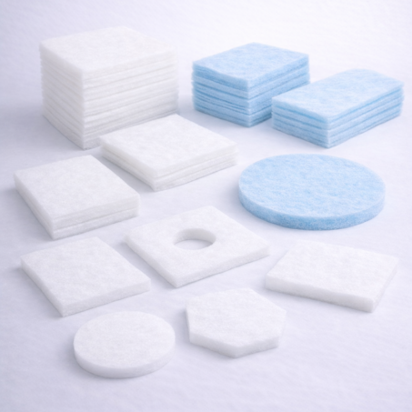Pads filtrantes de manta sintética cortados a medida en diferentes formas: cuadrado, circular y hexagonal para sistemas HVAC.