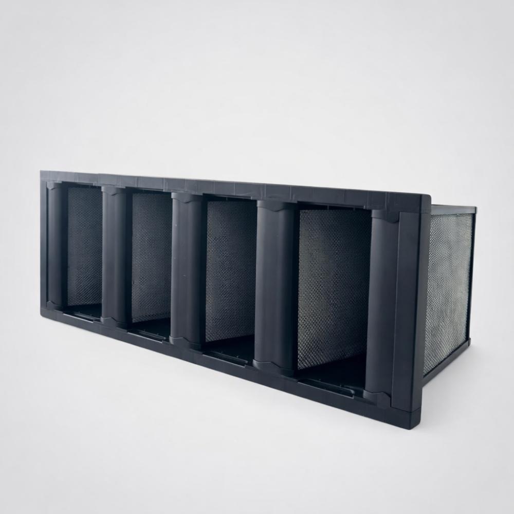 Filtro de carbón activado 4V para HVAC en vista frontal con diseño en V para alta capacidad de adsorción de gases y COVs