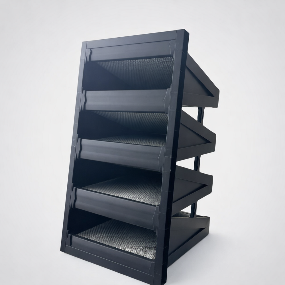 Filtro de carbón activado 4V industrial en vista lateral para sistemas de ventilación y climatización con estructura de alta res