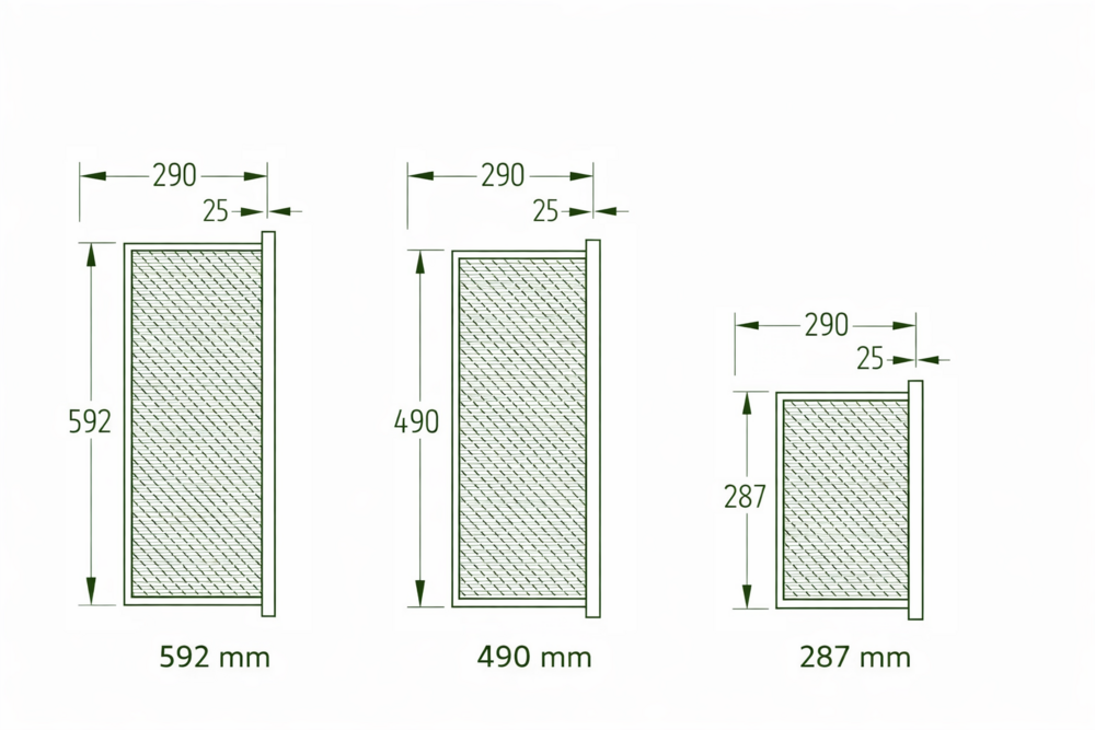 dimensiones filtro compacto 4v 592 490 287 mm profundidad 290 marco 25 mm